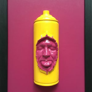 Half framed  Mockery Spray Can   30x22cms Violet and yellow