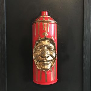 Half framed  Mockery Spray Can   30x22cms  Black, red and golden effect