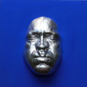 Silver effect Breathe on blue submarine background, wooden base 30x30cms